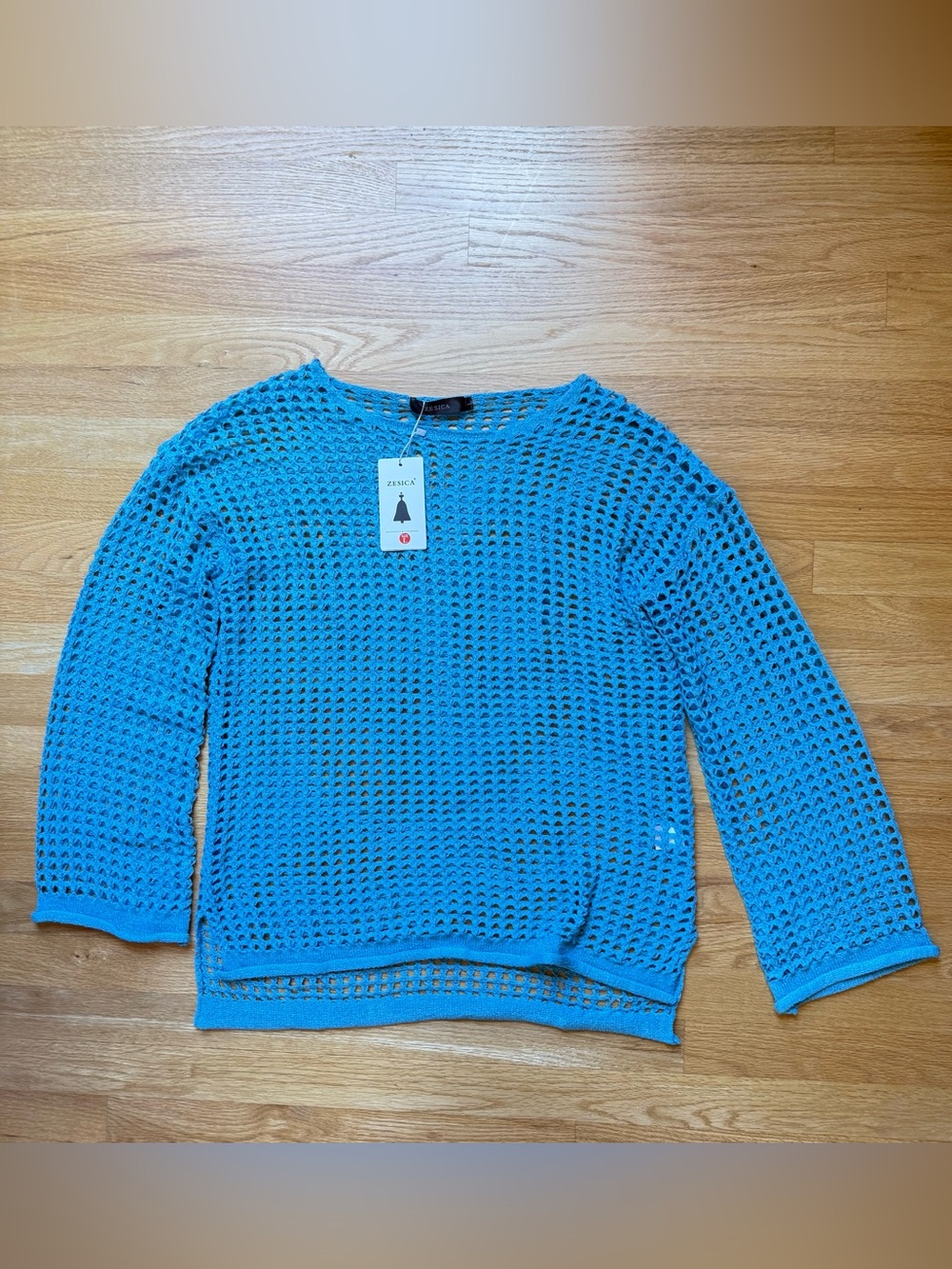 Teal Open-Weave Crewneck Sweater by Zessica